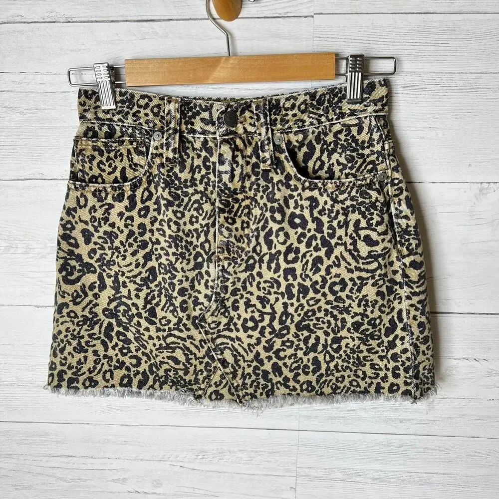 Madewell Skirt Womens Size 25 Rigid Denim A Line Leopard Mini 100% Cotton
